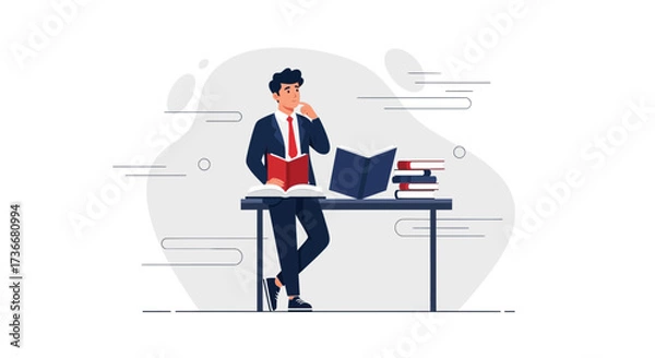 Fototapeta Illustration of a businessman in a suit standing and reading books for education purposes