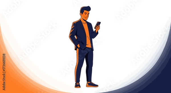 Fototapeta Illustration of a Man Using a Phone in Elegant Attire Inside a Creative Background
