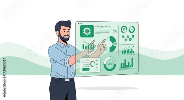 Fototapeta Illustration of a businessman presenting venture capital data analysis and financial reports