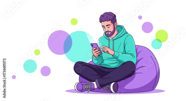Fototapeta Illustration of a man using a smartphone while relaxing on a beanbag chair and smiling