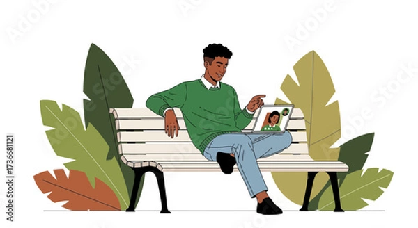 Fototapeta Illustration of a man video calling on a laptop while sitting on a park bench