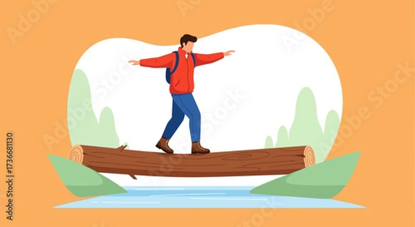 Fototapeta Illustration of a man walking on a log over water depicting a person overcoming obstacles