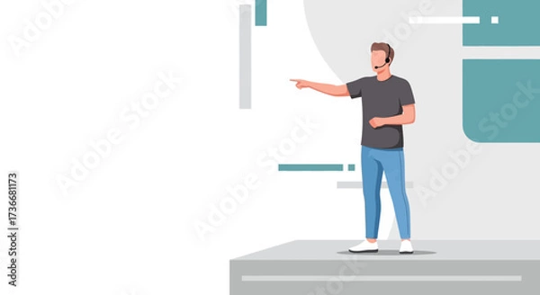 Fototapeta Illustration of a man with a headset pointing towards something in a presentation