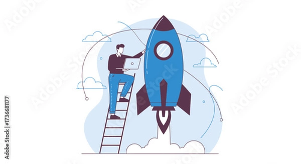 Fototapeta Illustration of a man with a laptop preparing to launch a rocket into the sky