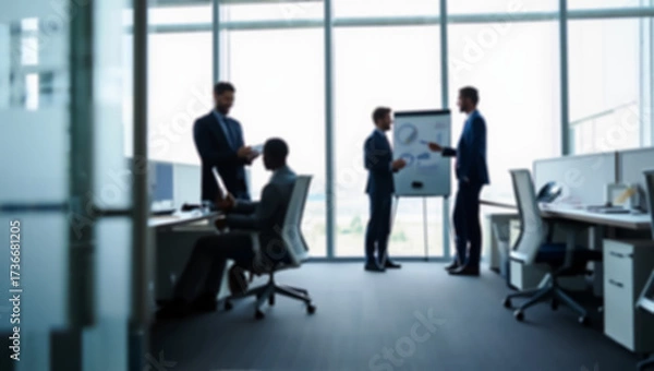 Fototapeta Blurred background of a business meeting in a modern office with panoramic windows. Four people in business suits discuss charts on a flipchart, creating a sense of dynamic teamwork and collaboration