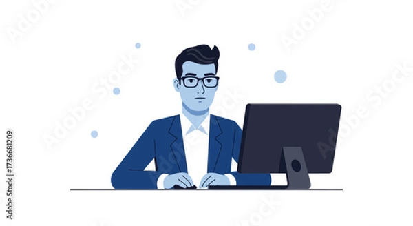 Fototapeta Illustration of a man with glasses working on his computer in a blue suit
