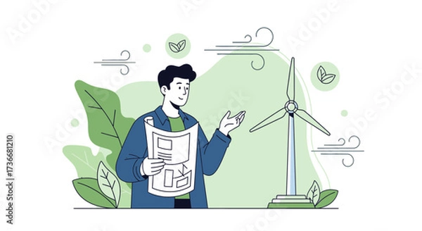 Fototapeta Illustration of a Man with a Wind Turbine and Technical Plans for Renewable Energy Projects