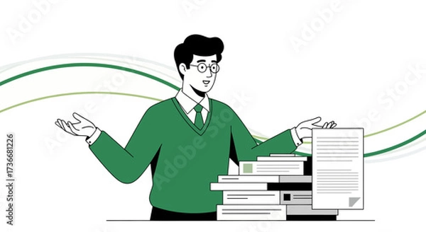 Fototapeta Illustration of a man with papers, work, and documents in a business style