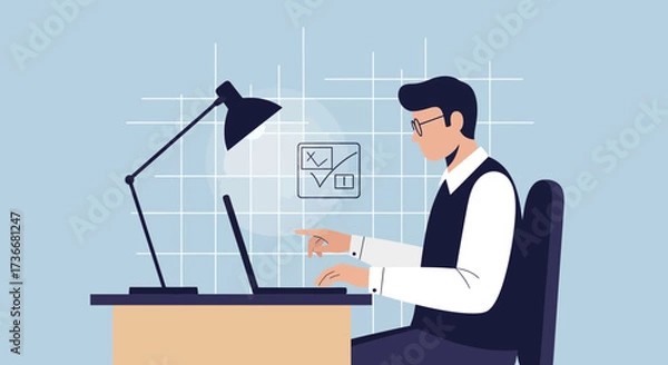Fototapeta Illustration of a man working on a laptop at a desk with a lamp and interface
