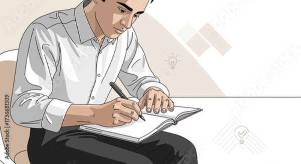 Fototapeta Illustration of a Man Writing in a Notebook to Develop Ideas and Work Plans
