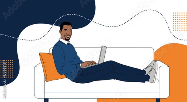 Fototapeta Illustration of a man working on his laptop while relaxing on a couch in his home