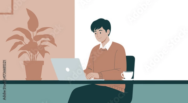 Fototapeta Illustration of a Man Working on Laptop at Desk, with Coffee and Plant nearby