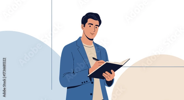 Fototapeta Illustration of a man writing in a notebook, suitable for business or planning