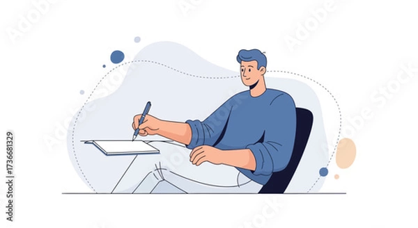 Fototapeta Illustration of a man writing on a paper with a pen, vector character design work