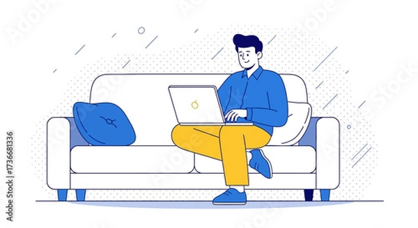 Fototapeta Illustration of a man working on a laptop while sitting on a couch, remote work