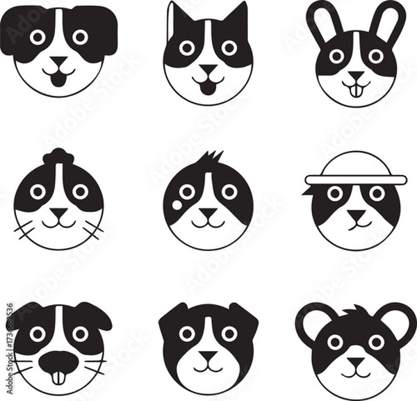 Fototapeta A collection of six simple glyph animal face avatars including a dog, cat, rabbit, bear, tiger, and lion for user profiles.

