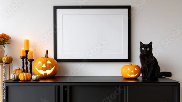 Fototapeta Blank horizontal frame surrounded by seasonal decor featuring pumpkins, candlelight, and a black cat on a sideboard