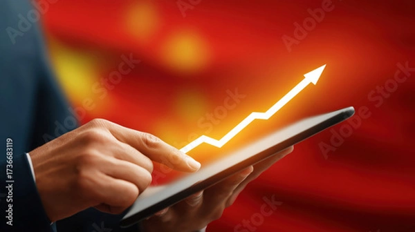 Fototapeta Businessman analyzing growth chart on tablet with China flag background