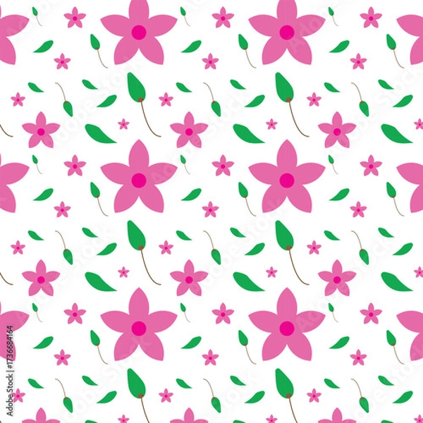 Obraz Seamless floral pattern with pink flowers and green leaves on a white background