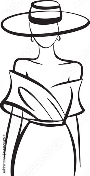 Fototapeta Elegant woman with wide brim hat and off-the-shoulder top line drawing