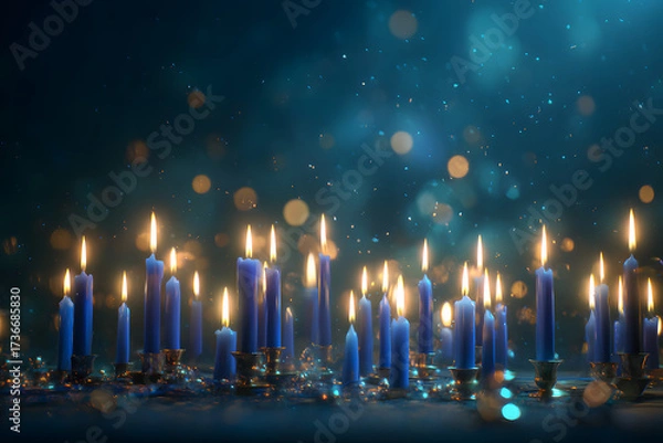Fototapeta Flaming blue candles at night on dark background with stars and lights. Candles in Christian church as catholic symbol. Abstract festive backdrop. Christmas eve or Chanukah banner with copy space