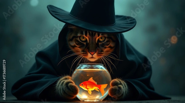 Fototapeta Dark fantasy cat in hat and cloak holding goldfish bowl in dark room with a smoky, mystical atmosphere