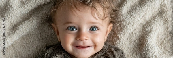 Fototapeta Happy baby with big blue eyes smiling on soft blanket indoors during afternoon light