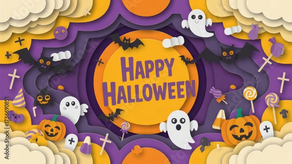 Fototapeta SEO Keyword Focus Halloween Festival Graphic in Purple and Orange, Paper Cut Out Elements