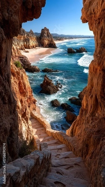 Fototapeta Serene coastal view from rocky stairs leading to a tranquil beach under a clear sky