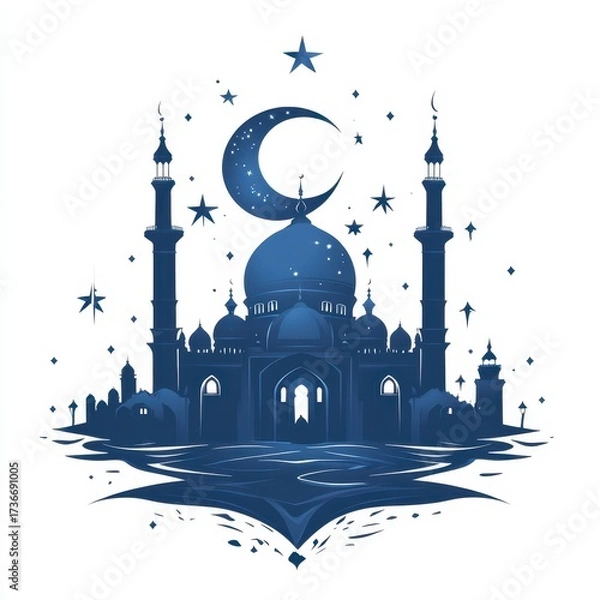 Fototapeta Majestic mosque silhouette with crescent moon and stars under a night sky at twilight offering a serene atmosphere