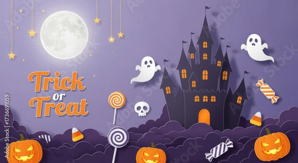 Fototapeta SEO Keyword Focus Up To 50% Off Halloween Promotion Background, Paper Cut Out Style