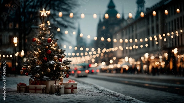 Fototapeta A decorated Christmas tree with red and gold ornaments, glowing star, and wrapped gifts stands on a snowy city street with festive lights and historic buildings.