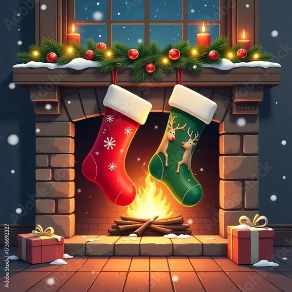 Fototapeta Illustration of two Christmas socks on a fireplace