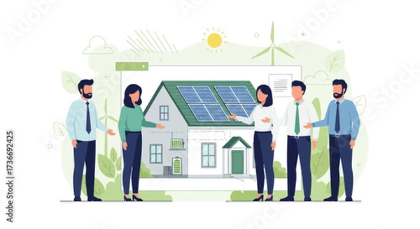 Fototapeta Illustration showing a group of people discussing ideas for solar panel installation on a house