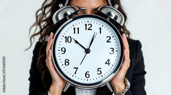 Fototapeta Time Management Stress Symbol – Oversized Alarm Clock in Hands