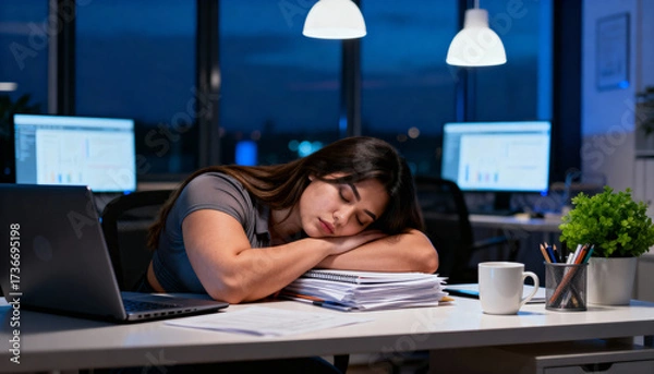 Fototapeta Stressed Employee Taking Nap at Office Desk with Coffee Mug