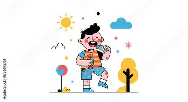 Fototapeta Joyful Child Eating Candy Enjoying Sunny Day With Colorful Illustration
