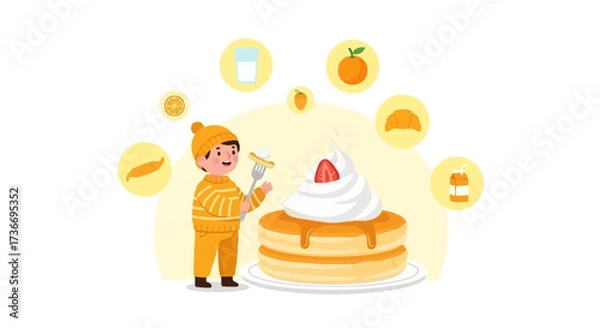 Fototapeta Joyful Child Eating Delicious Pancakes With Whipped Cream and Fruits Isolated Style
