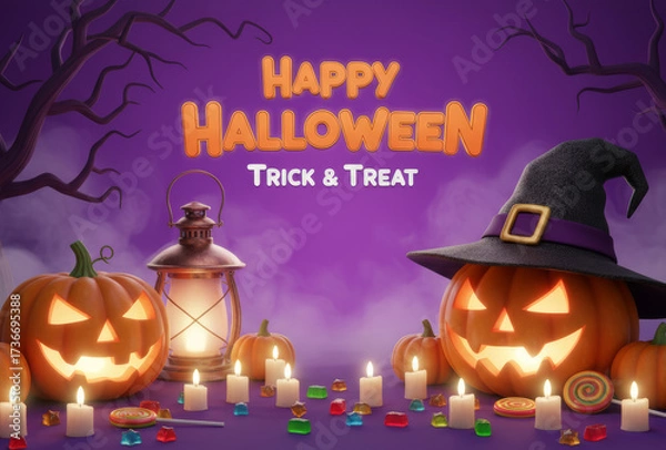 Fototapeta Vibrant 3D Happy Halloween Banner Design with Glowing Pumpkins, Candy, and Witch Hat
