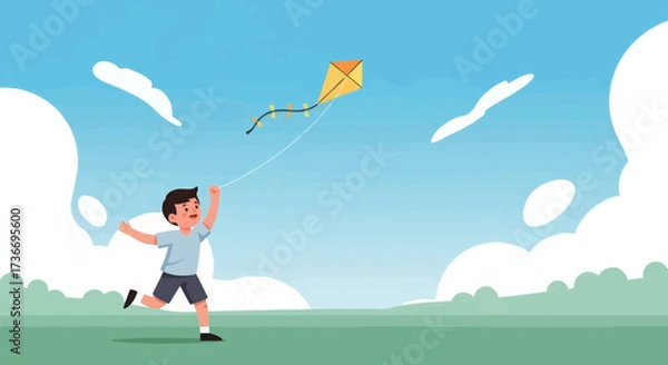 Fototapeta Joyful Child Flying Kite, Happy Moments of Recreation in a Sunny Outdoor Scenario