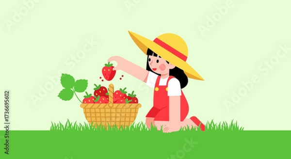 Fototapeta Joyful Child Harvesting Sweet Strawberries From a Basket in a Sunny Garden Scene