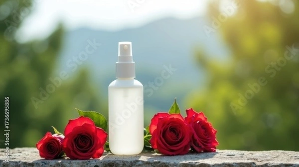 Obraz Clear glass spray bottle with rose water surrounded by red roses outdoors