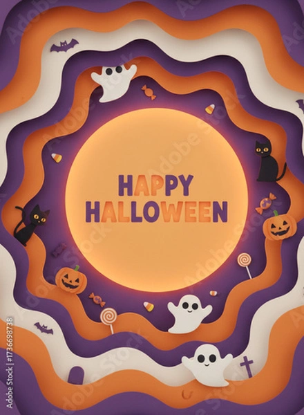 Fototapeta 3D Paper Cut Art Happy Halloween Banner Design with Layered Moon, Ghosts, and Pumpkins