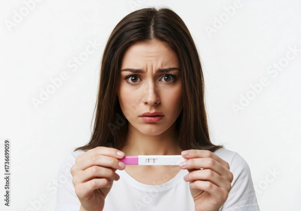 Fototapeta A young woman looks at a pregnancy test strip with a worried expression on a white background