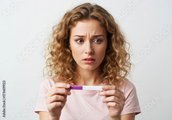 Fototapeta A young woman looks at a pregnancy test strip with a worried expression on a white background