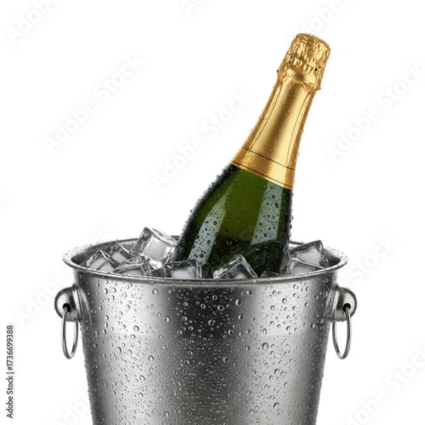 Fototapeta A bottle of champagne in an ice bucket with a trail on a white background