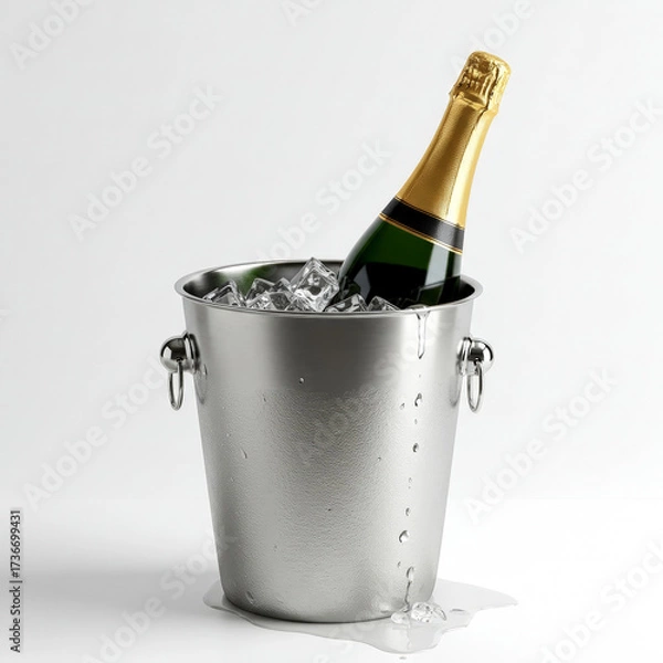 Fototapeta A bottle of champagne in an ice bucket with a trail on a white background