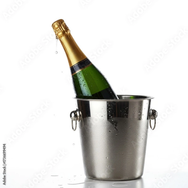 Fototapeta A bottle of champagne in an ice bucket with a trail on a white background