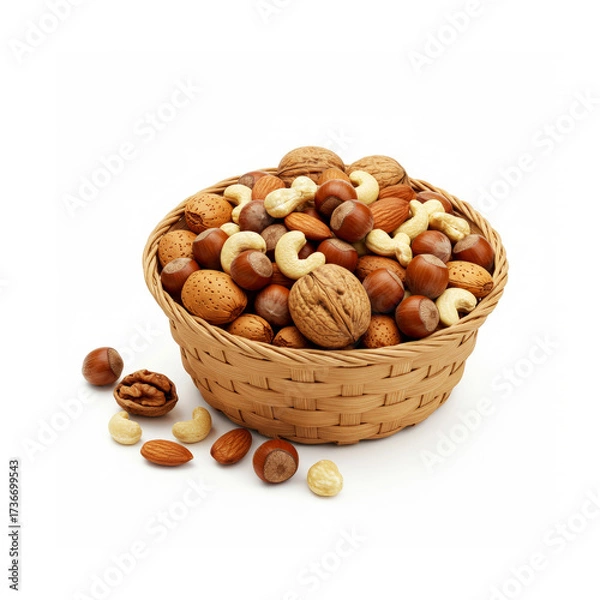 Fototapeta Basket of nuts and hazelnuts on white background