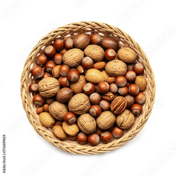 Fototapeta Basket of nuts and hazelnuts on white background